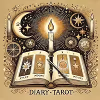Open tarot book with candle, celestial symbols, and 'DIARY-TAROT' text, representing tarot insights and journaling for personal growth.